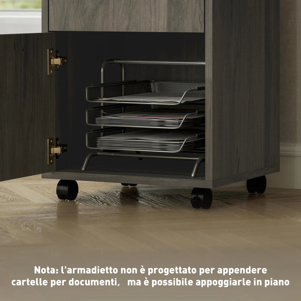 Cassettiera Portadocumenti con 4 Ruote e Ripiano Aperto, Mobiletto in Legno e Metallo, Pratico e Salvaspazio, per Casa e Ufficio, 40x35x60 cm, Grigio