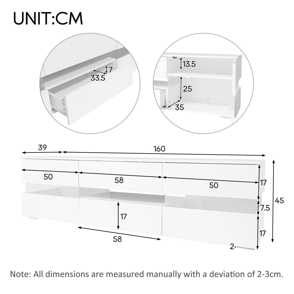 Mobile TV bianco lucido con illuminazione LED, 160x39x45 cm, 2 porte con inserto in acrilico, 1 cassetto e vano aperto, per TV fino a 70 pollici