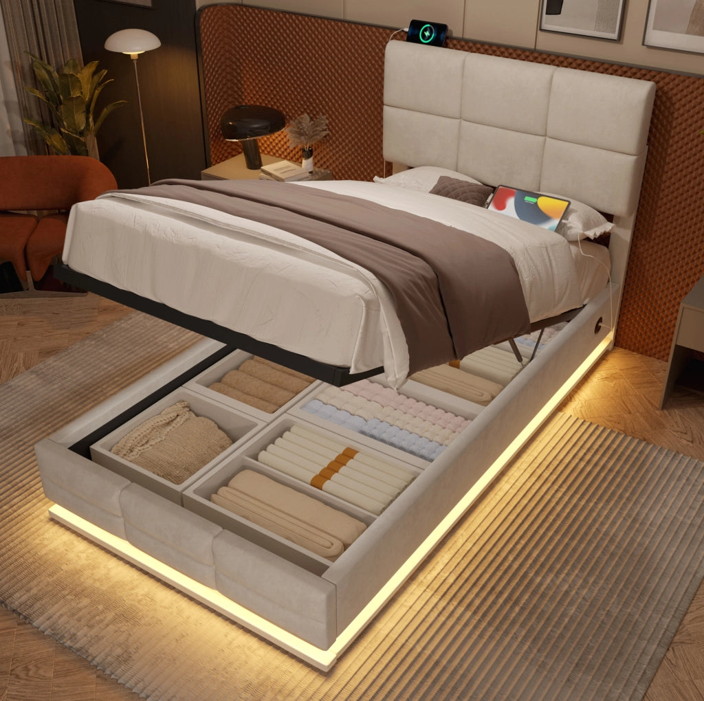 Letto singolo imbottito IVMEU 90x200 cm con contenitore, testiera regolabile, LED e porte USB, velluto beige