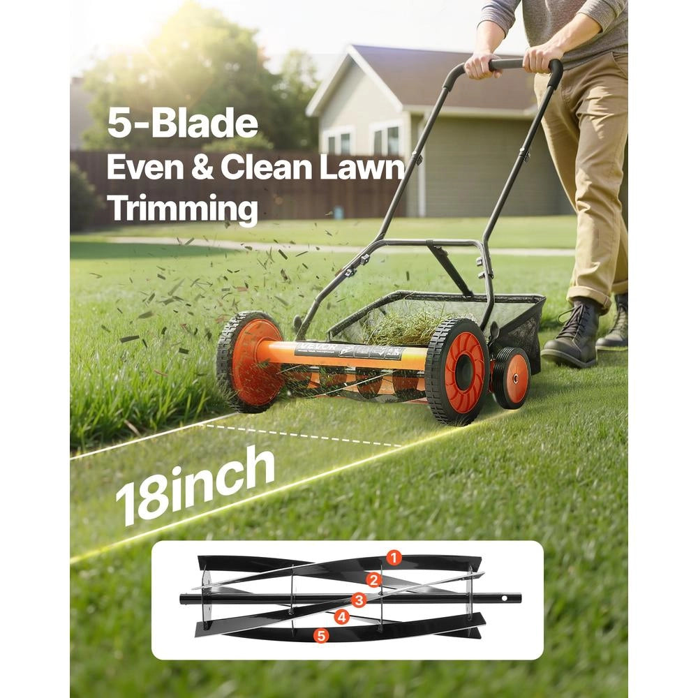 Tosaerba a Spinta Manuale HS-GT1603B Taglio 450 mm Altezza Regolabile 35-62 mm Rasaerba Elicoidale 4 Ruote con Sacco per Giardino