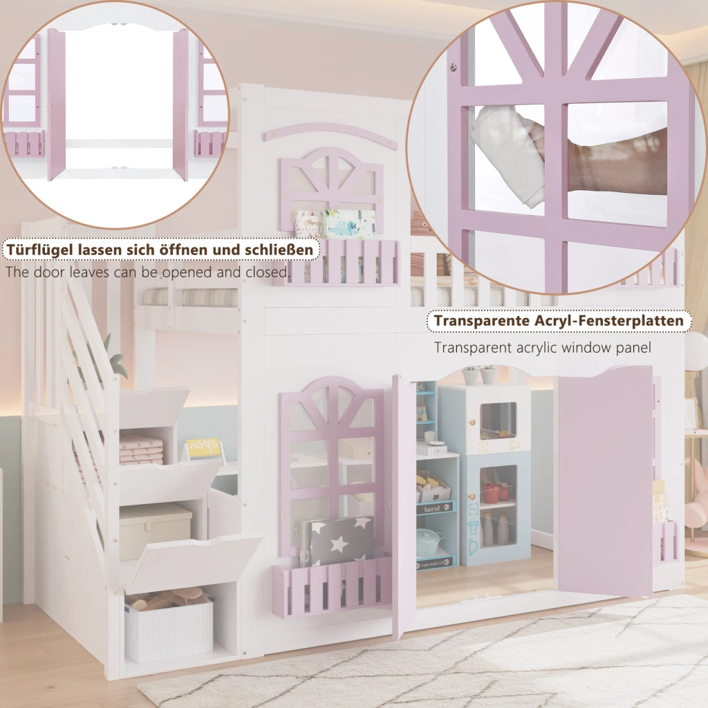 Letto a soppalco per bambini 90 x 200 cm in legno; bianco e rosa; scala contenitore e area giochi
