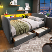 Struttura letto 140 × 190 cm con LED USB e type C due cassetti testiera con ripiano in lino grigio