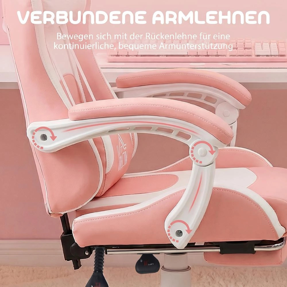 Sedia gaming con orecchie da gatto, ecopelle rosa/bianca, reclinabile fino a 135°, poggiapiedi estraibile, altezza 44-52 cm, portata fino a 120 kg