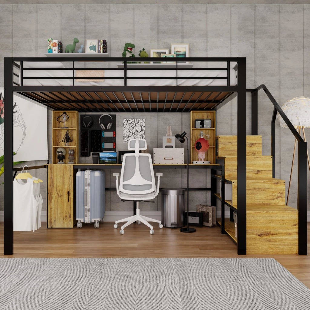 Letto a soppalco 140 × 200 cm con scrivania ripiani armadio scala contenitore metallo e MDF nero con porta USB
