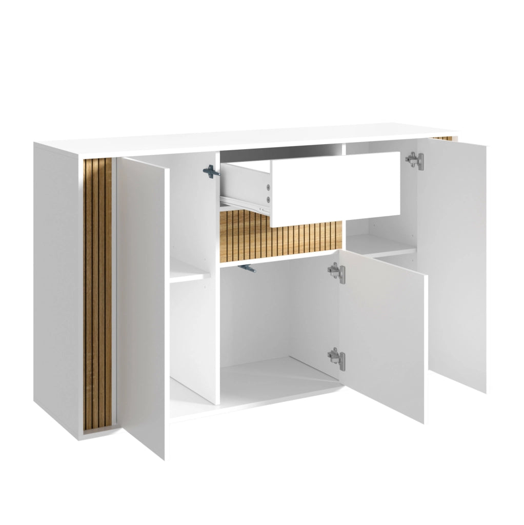 Credenza bianca e naturale 140 cm con 3 ante, cassetto e LED