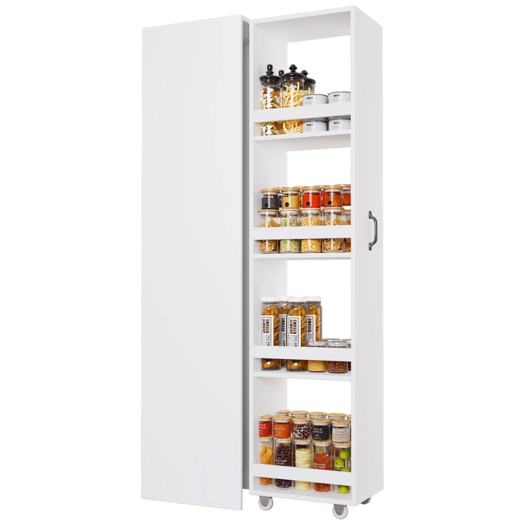 Libreria stretta bianca in MDF con ruote e contenitori, 40 × 30 × 160,5 cm