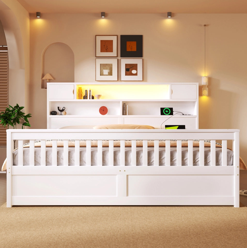 Letto matrimoniale 180x200 cm con testiera libreria LED e 4 cassetti in MDF e compensato; bianco