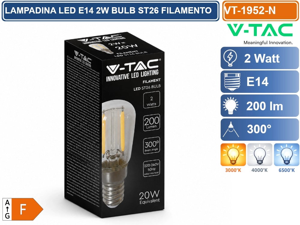 V-TAC VT-1952 LAMPADINA LED E14 2W BULB ST26 TUBOLARE FILAMENT VETRO TRASPARENTE - Colore Luce:Bianco Freddo