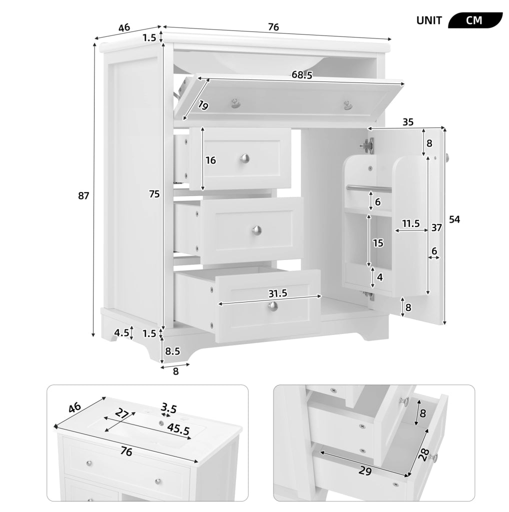Mobile lavabo bagno 76 × 46 × 87 cm, MDF bianco, lavabo ceramico, 3 cassetti