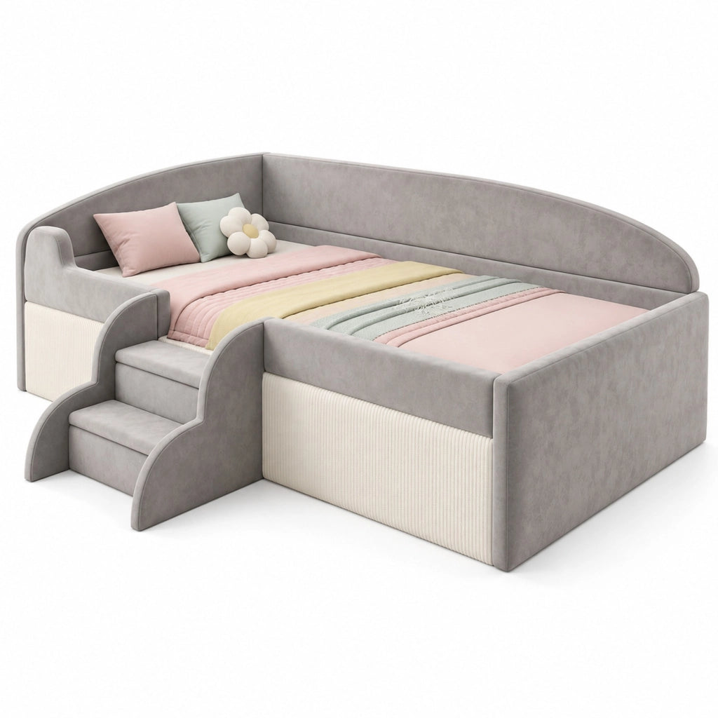 Letto per bambini imbottito 90 x 190 cm con gradini e sponde, grigio