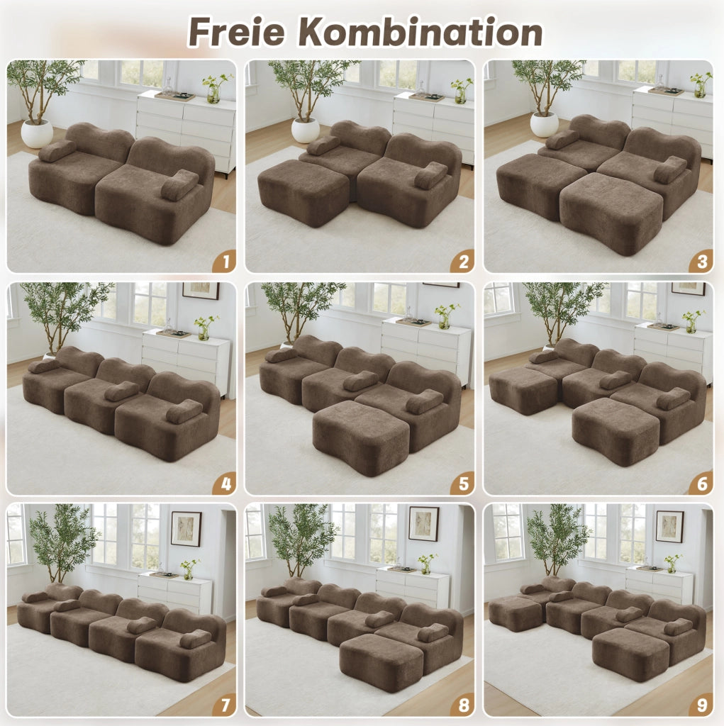 DIVANO Modulare Angolare in Velluto Marrone con Pouf