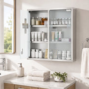 Armadio portamedicinali da parete in acciaio inox con porta in vetro satinato e serratura, 48 x 46 x 12 cm, argento