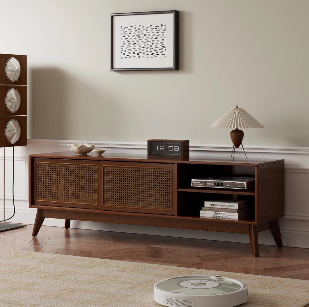 Mobile TV in MDF e legno massello con ante in rattan, noce