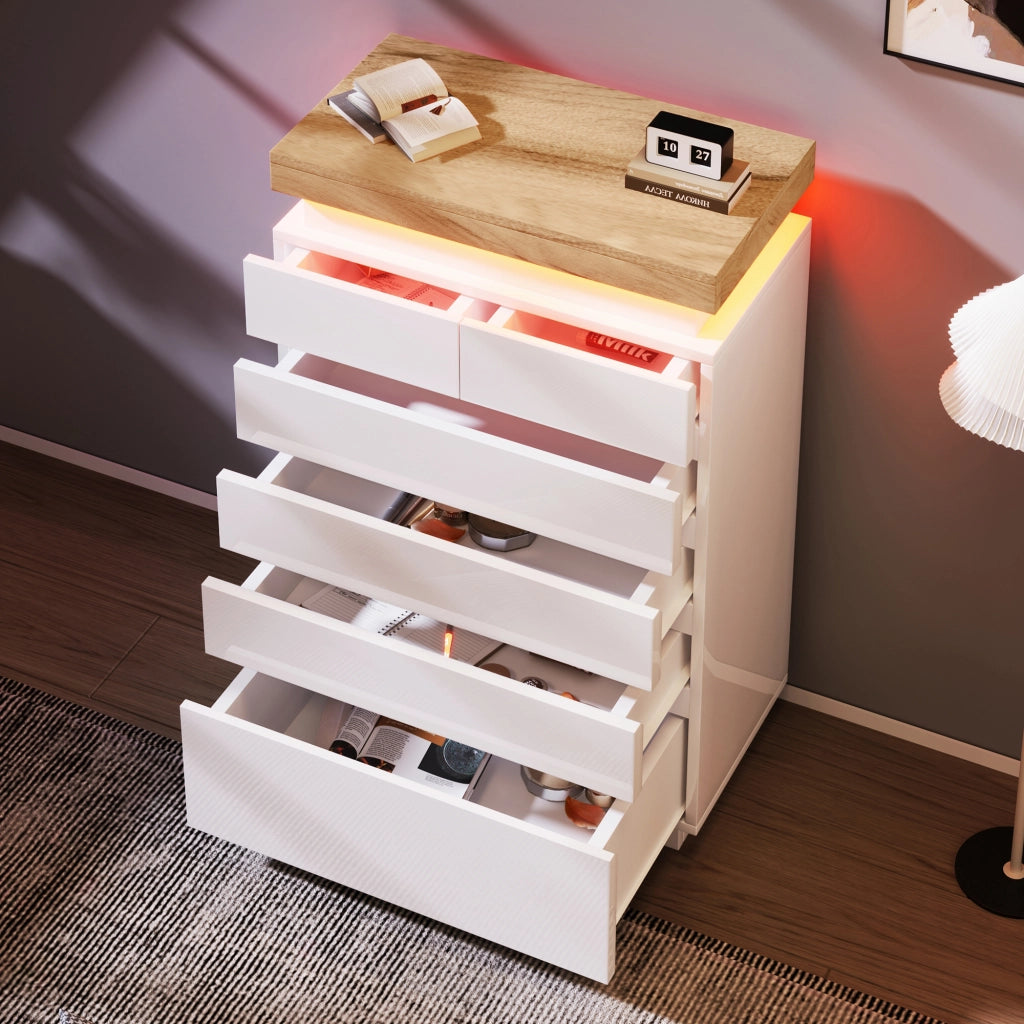 Credenza con 6 cassetti e illuminazione LED controllabile tramite app; 73x39x115 cm; bianco lucido