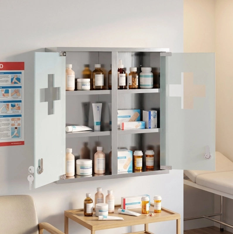 Armadio portamedicinali da parete in acciaio inox con porta in vetro satinato e serratura, 48 x 46 x 12 cm, argento