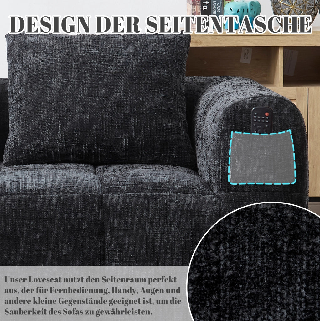 Divano a 2 posti 158x90x60 cm in ciniglia nera, senza montaggio, tasche laterali