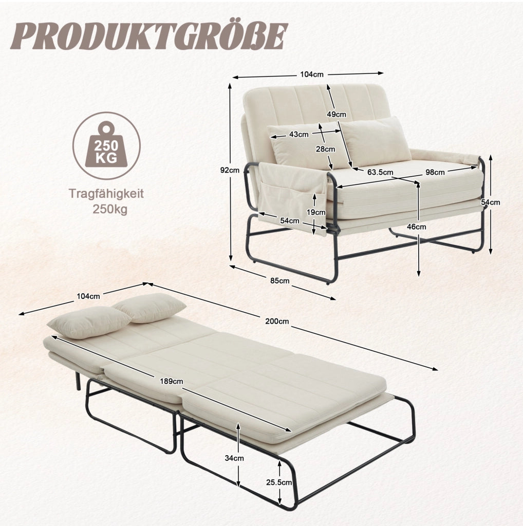 Divano letto a due posti in ciniglia beige con tasche laterali