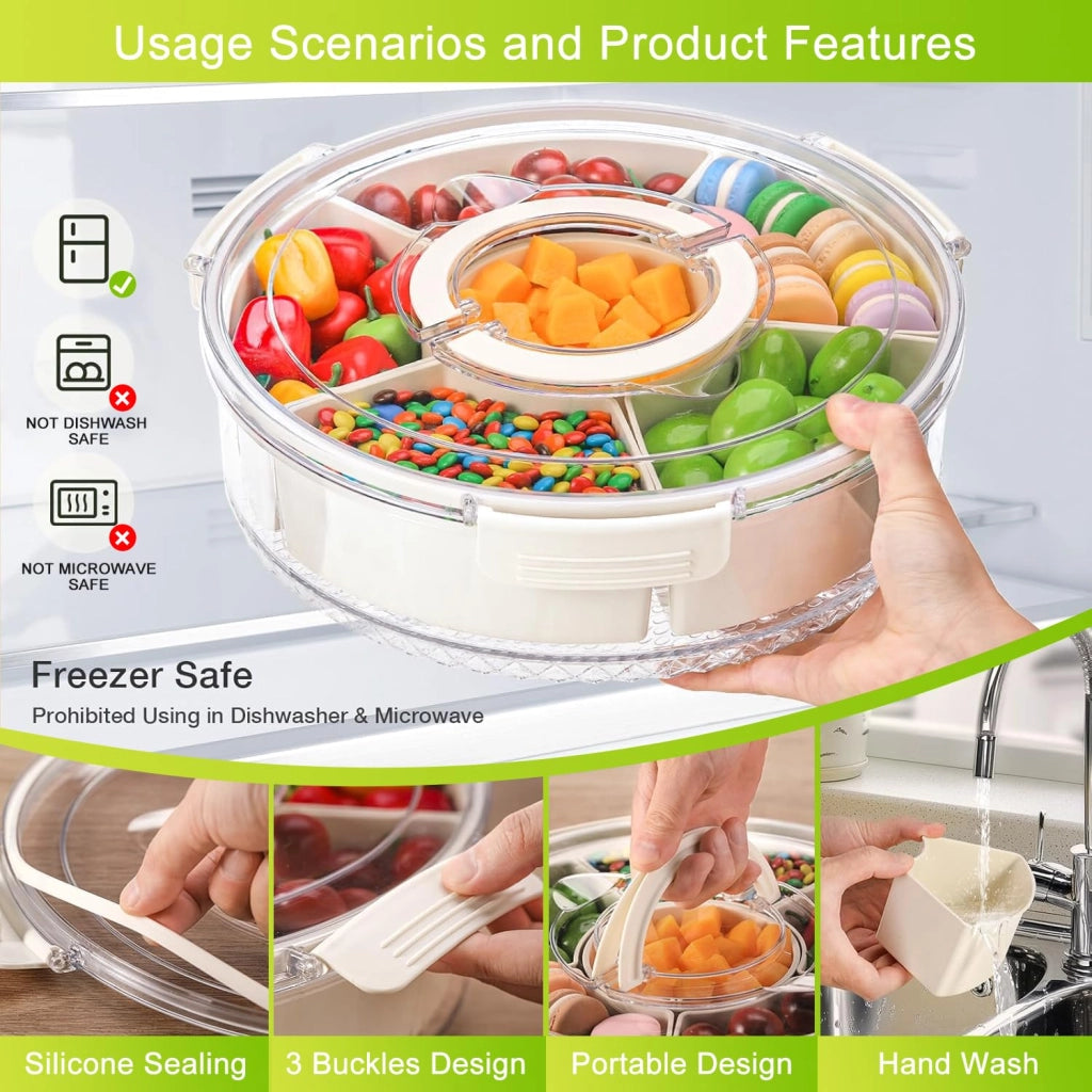 Scatola per snack con scomparti, piatto per snack con coperchio 30,5 cm, organizer girevole con 6 scomparti rimovibili e maniglia, per dolci, frutta, snack
