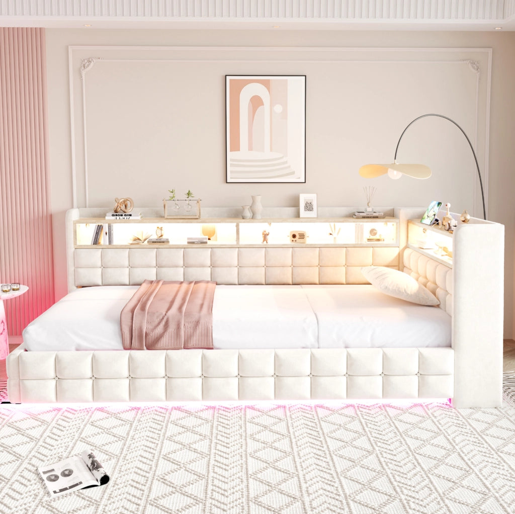 Letto divano imbottito 90 × 200 cm beige con vano contenitore e LED