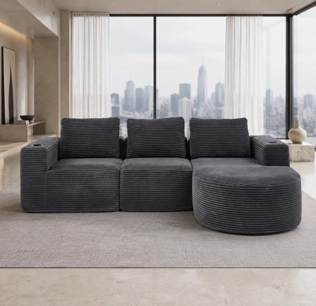 DIVANO 265 cm in poliestere grigio scuro con 3 cuscini e 2 portabicchieri