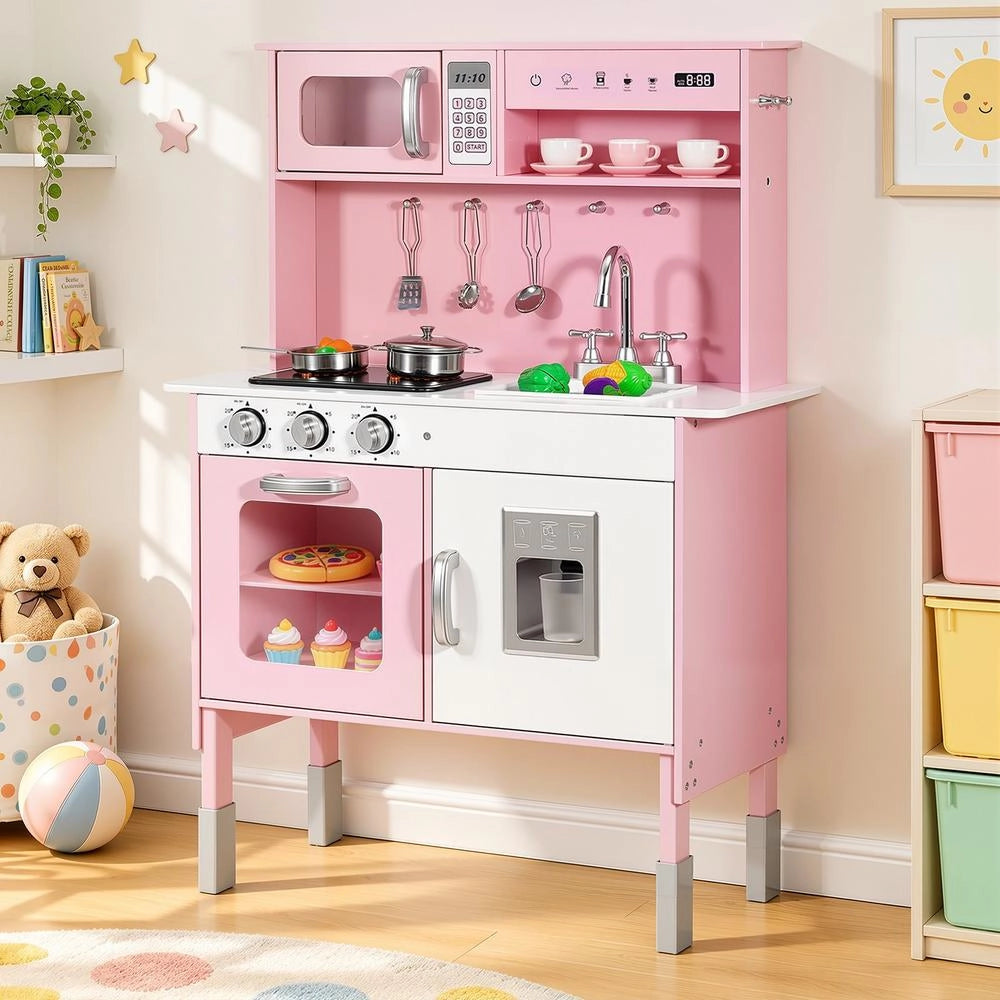 Cucina Giocattolo per Bambini in Legno Rosa con Luci e Suoni, Microonde e Accessori TZ-KT002, Design Moderno e Robusto