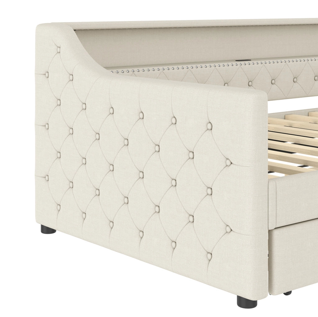 Daybed con rete a doghe 90x200 cm, divano letto con LED integrati e porta USB, lino beige, con letto estraibile