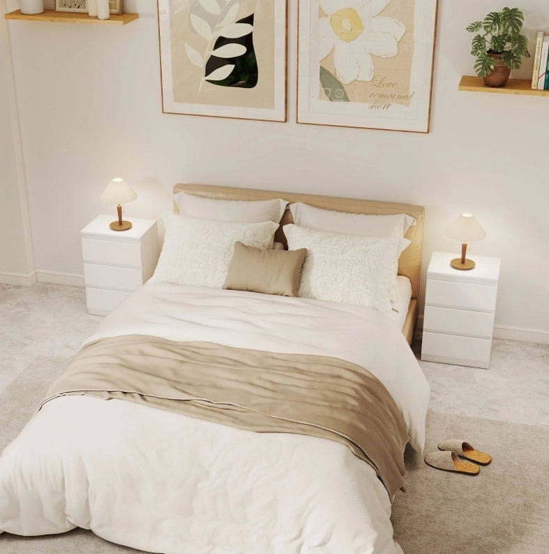Set di 2 Comodini con 3 Cassetti, 40x30x59,5 cm, Bianco, per Camera da Letto e Soggiorno
