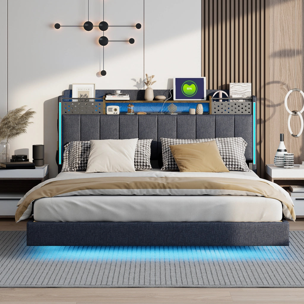 Letto matrimoniale imbottito 160 × 200 cm con LED e USB testiera contenitore rete a doghe tessuto di lino grigio