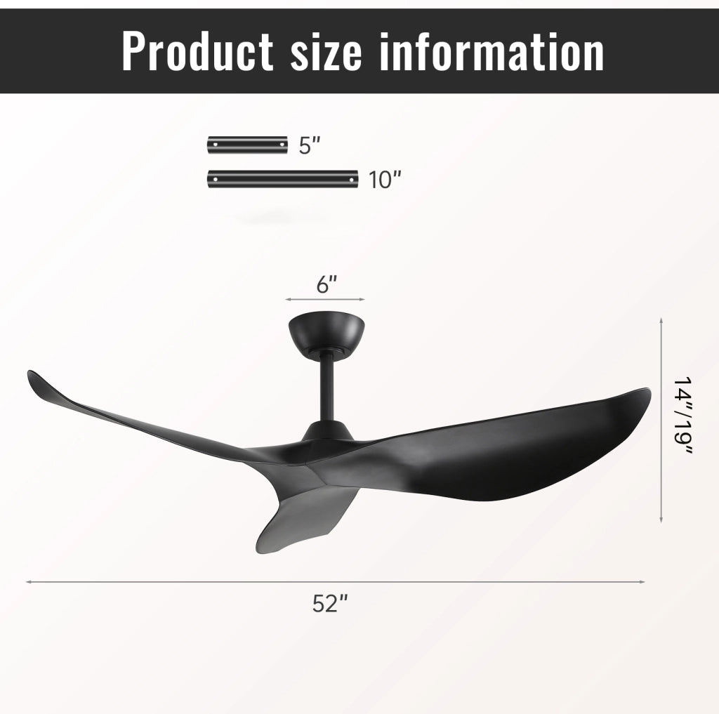 Ventilatore da soffitto 132 cm nero con telecomando e 6 velocità