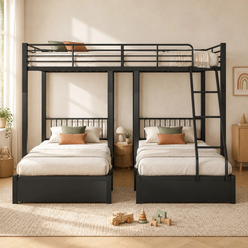 Letto a castello triplo in metallo nero con 2 cassetti e 3 materassi