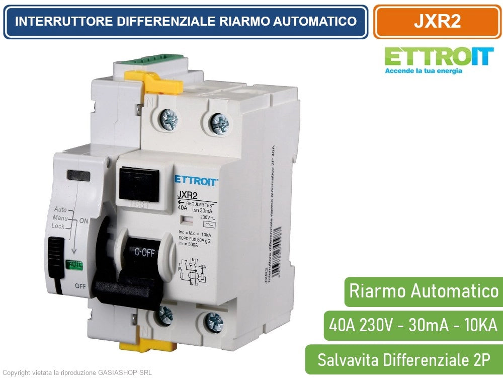 ETTROIT INTERRUTTORE DIFFERENZIALE SALVAVITA RIARMO AUTOMATICO PER BARRA DIN 3 MODULI 2P 40A 230V 30mA 10KA