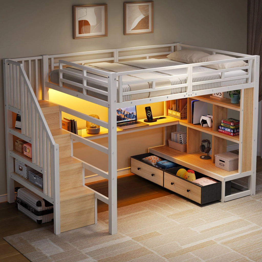 Letto a soppalco 140 × 200 cm con scrivania scaffali cassetti scala contenitore LED in MDF e metallo bianco