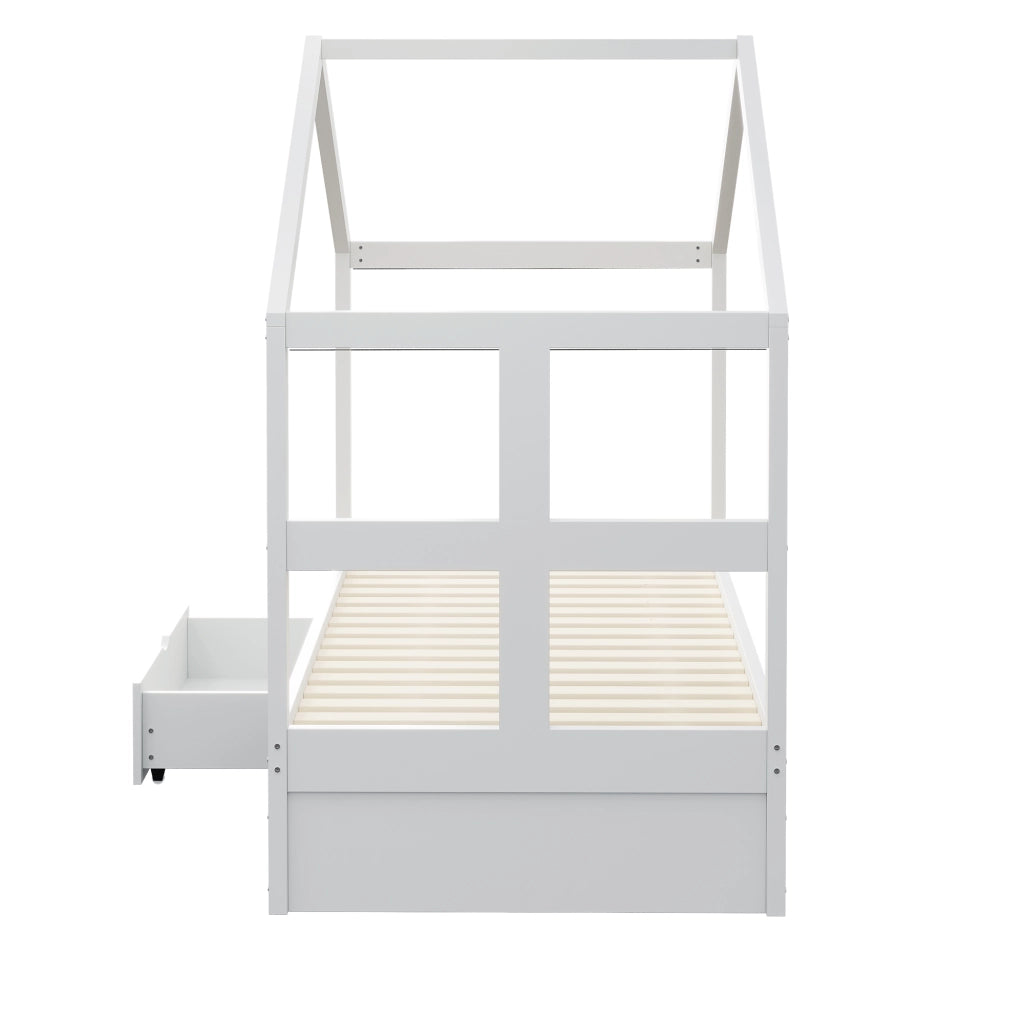Letto singolo a casetta 90 × 190 cm con cassetti scarpiera LED multicolore in legno bianco con rete a doghe
