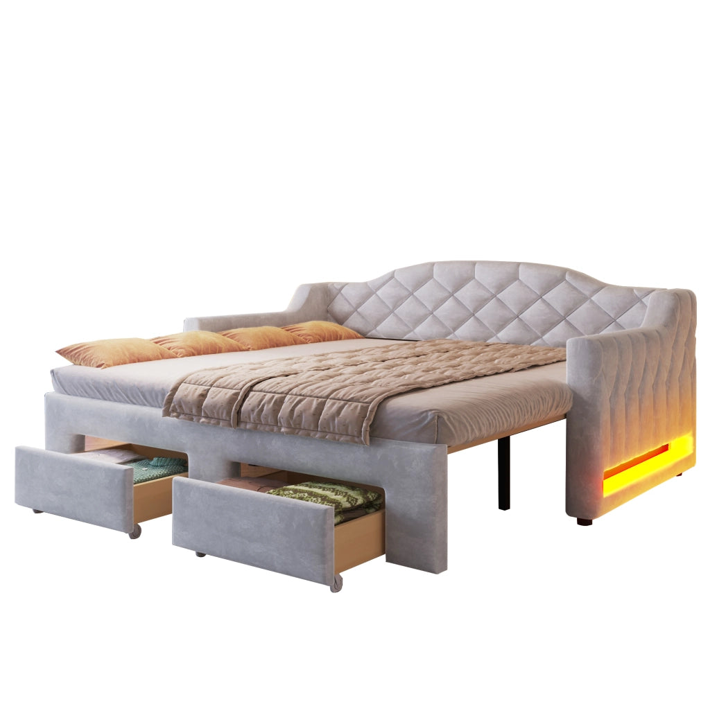 Letto singolo estraibile 90x200-180x200 cm con 2 cassetti e LED; grigio