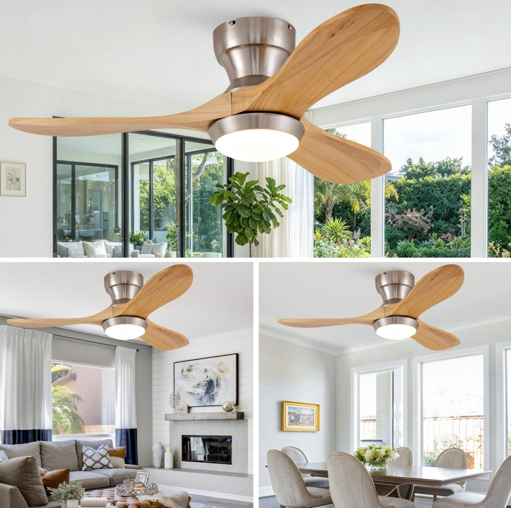 Ventilatore da soffitto a 3 pale in legno massello, senza luce
