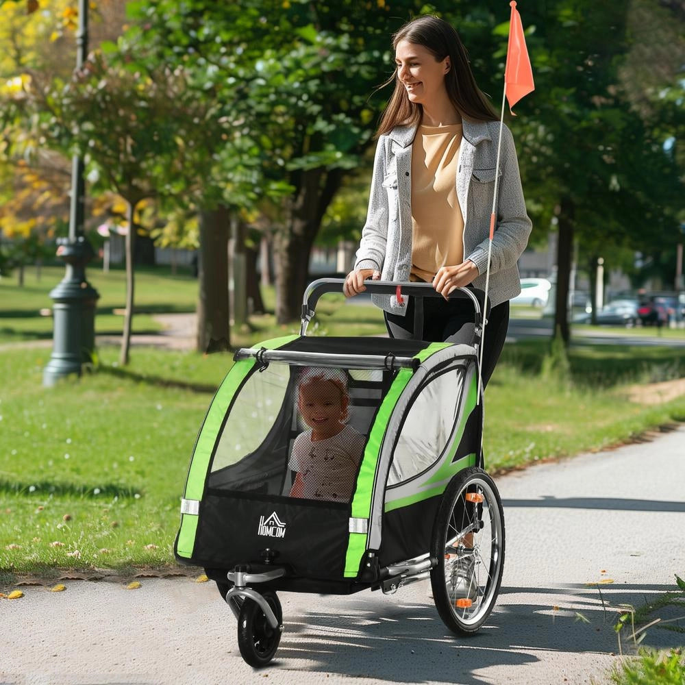 Rimorchio Bici e Passeggino per Bambini 2 in 1 con Cintura e Bandierina Verde Robusto e Facile da Usare