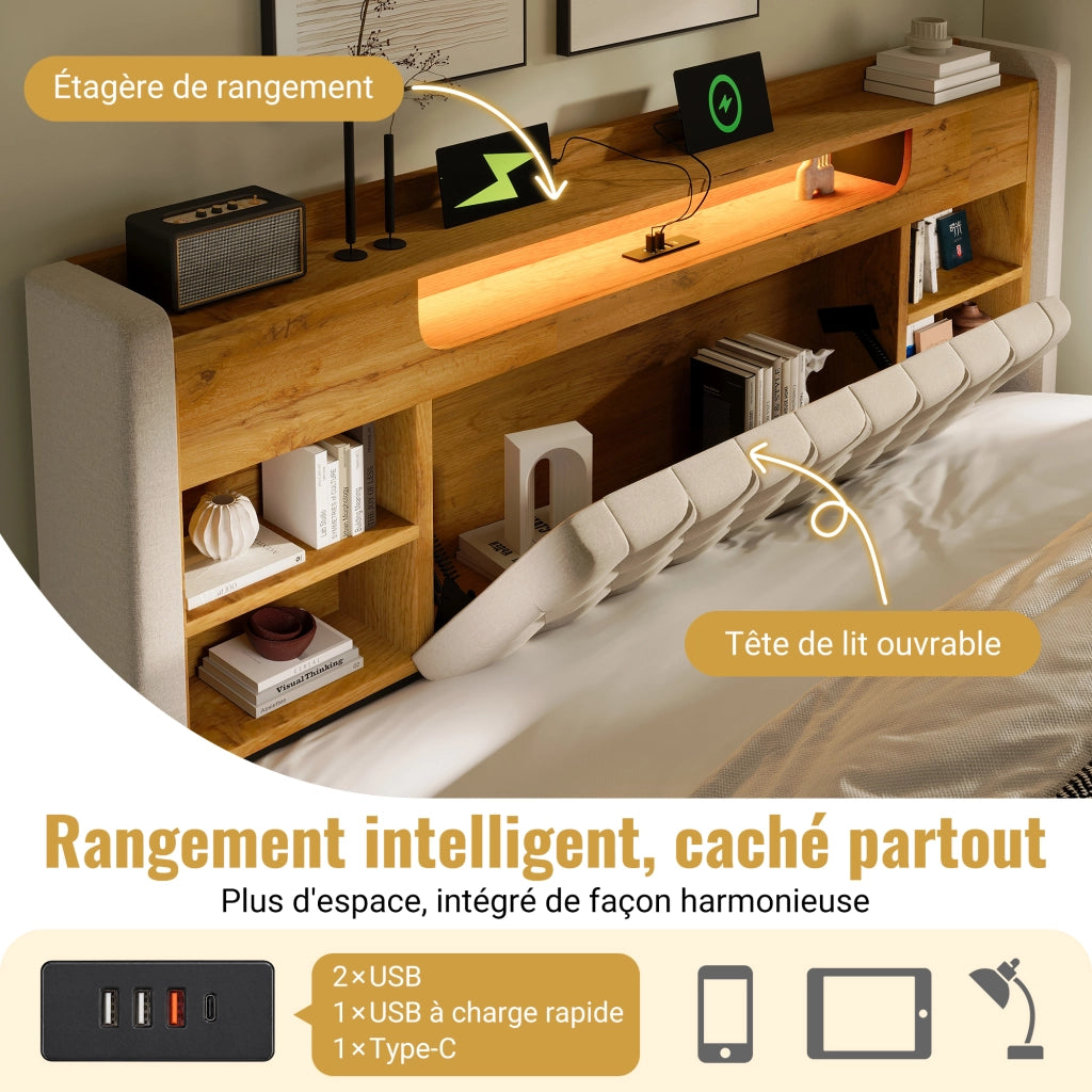 Letto singolo 90 × 200 cm con contenitore idraulico LED USB Type C in lino beige con testiera a ripiani