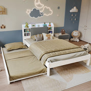 Letto in legno bianco 120x200 cm con letto estraibile 90x190 cm, testiera imbottita, LED e stazione di ricarica