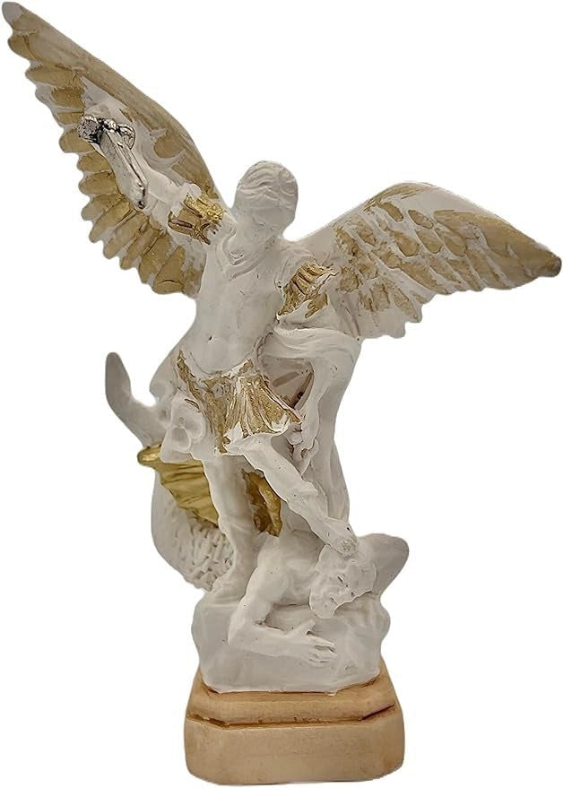 Statua dell'Arcangelo Michele, 10 cm, in resina bianca, con spada