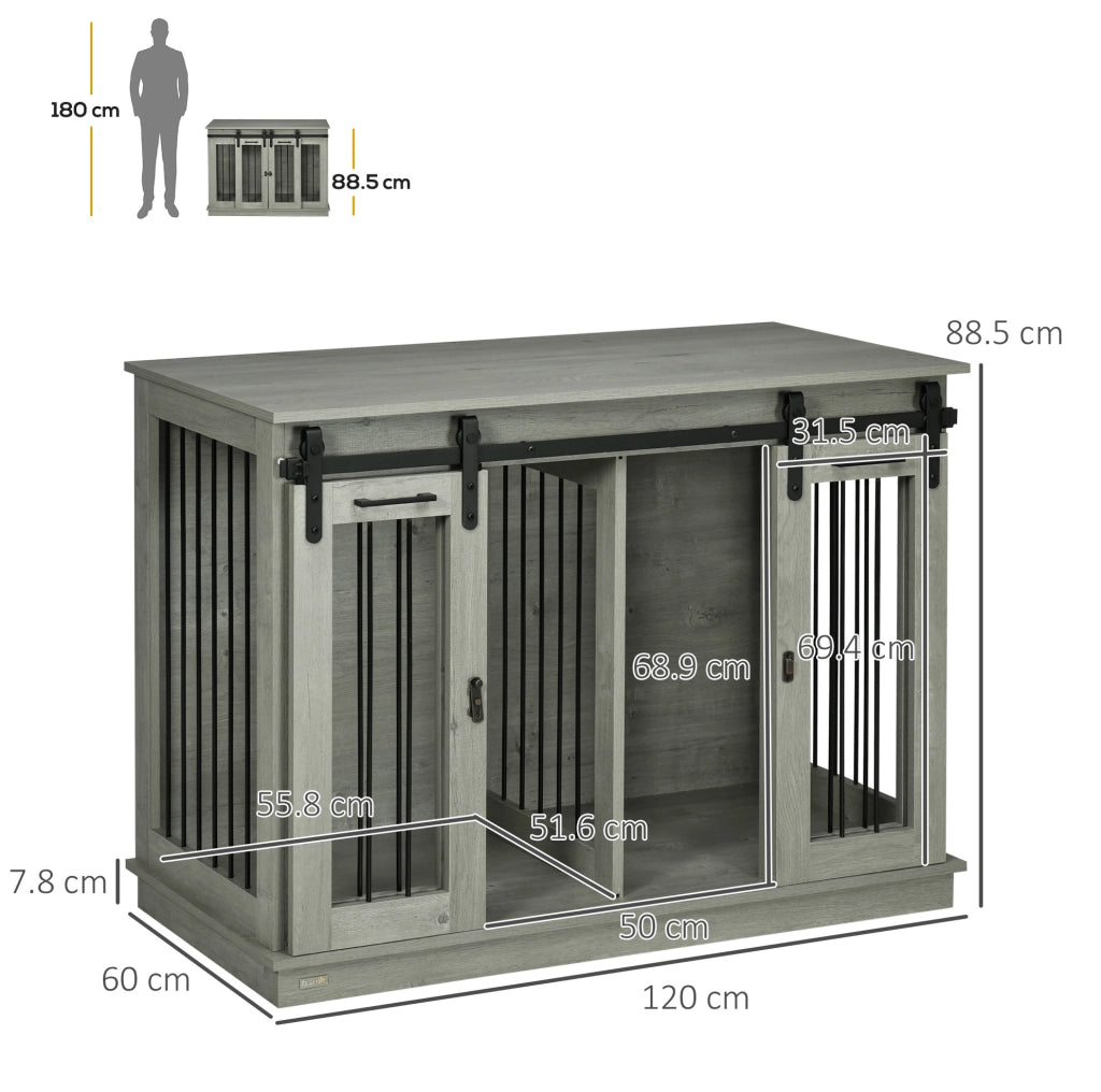 GABBIA per cani con divisorio e 2 porte 120 x 60 x 88,5 cm legno grigio
