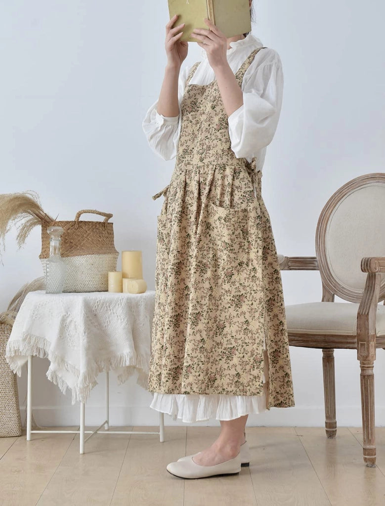 Grembiule in cotone con motivo floreale, spacchi laterali e tasche per cucina, giardino, casa, fioreria