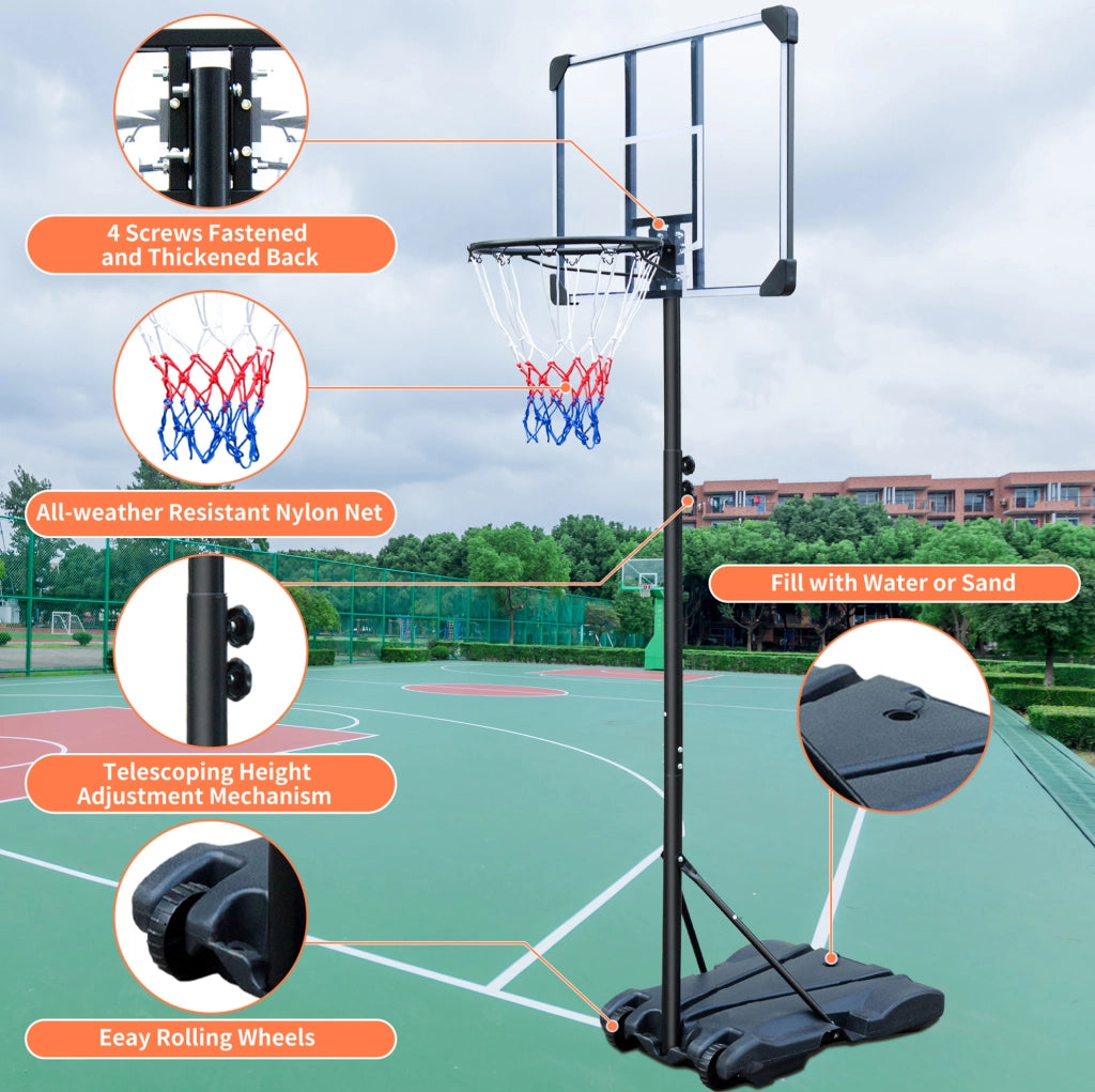 Canestro da basket portatile regolabile 164,59–213,36 cm nero con ruote