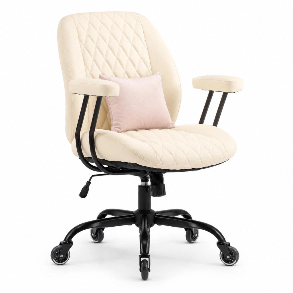 Poltrona da ufficio ergonomica in pelle color crema con braccioli opzionali