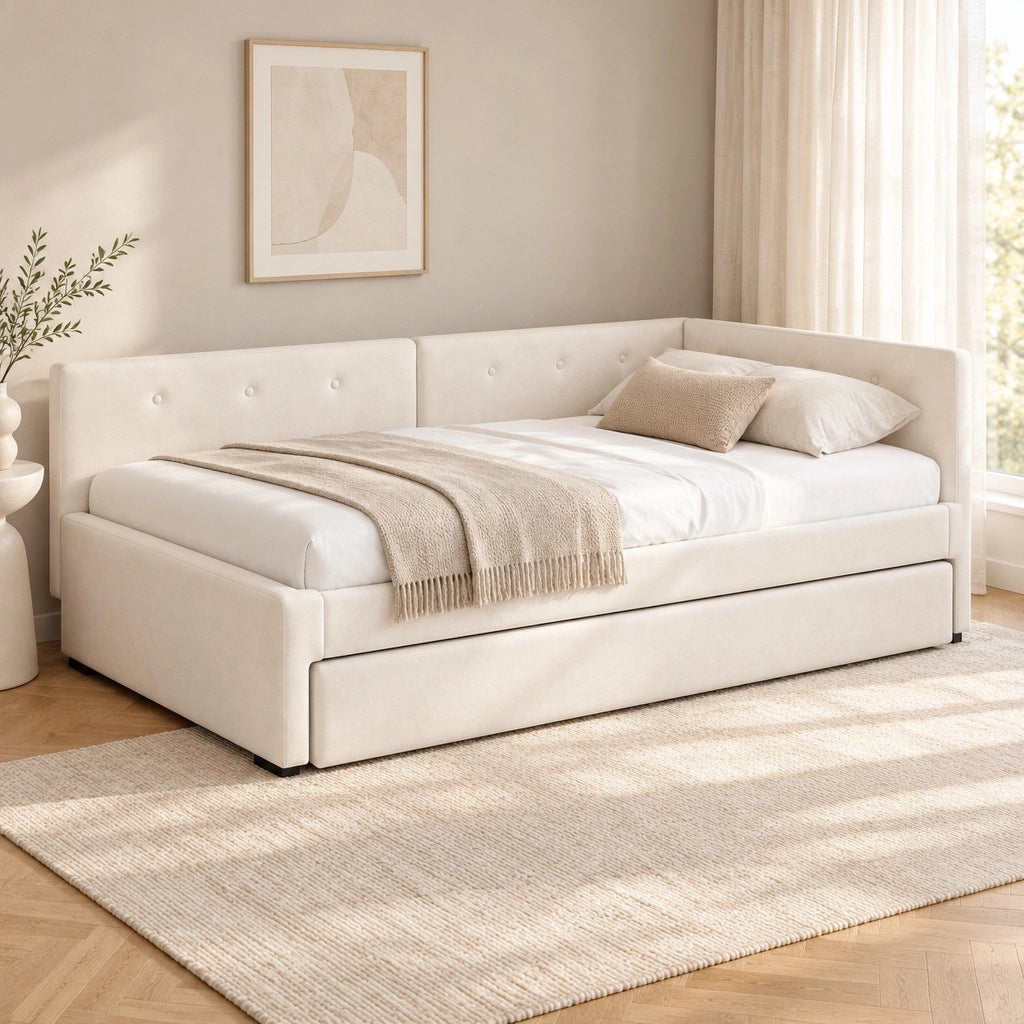 Letto singolo 90x200 beige in velluto con estraibile e materasso