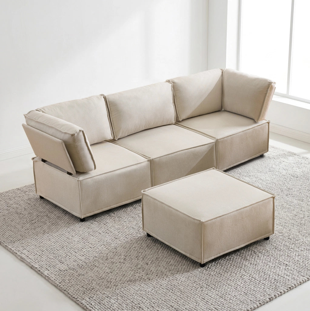 Divano modulare beige a U con poggiapiedi, 238 × 154 × 75 cm