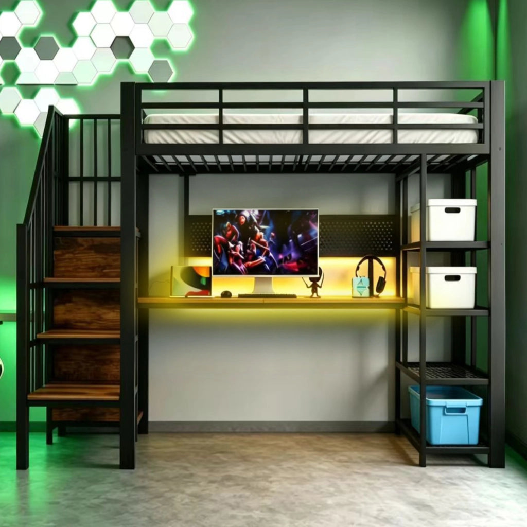 Letto a soppalco 90x200 cm con scrivania; scala contenitore; LED e prese; in metallo e legno; nero