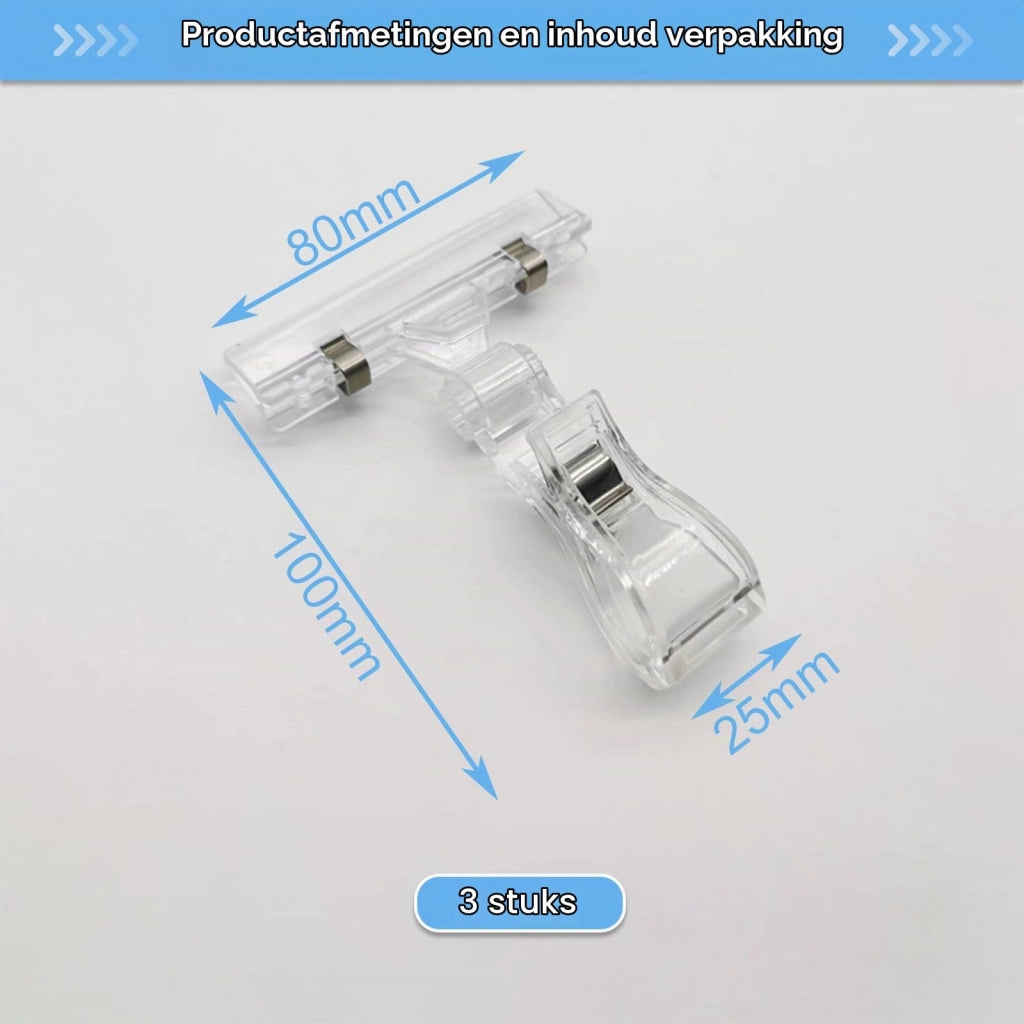 Portaetichette a clip doppia, confezione da 3 pezzi, trasparenti, 10 cm, per scaffali