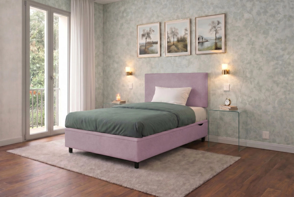 Letto Singolo Contenitore Imbottito 80x190 cm Microfibra Glicine BoxMax Testata Flat