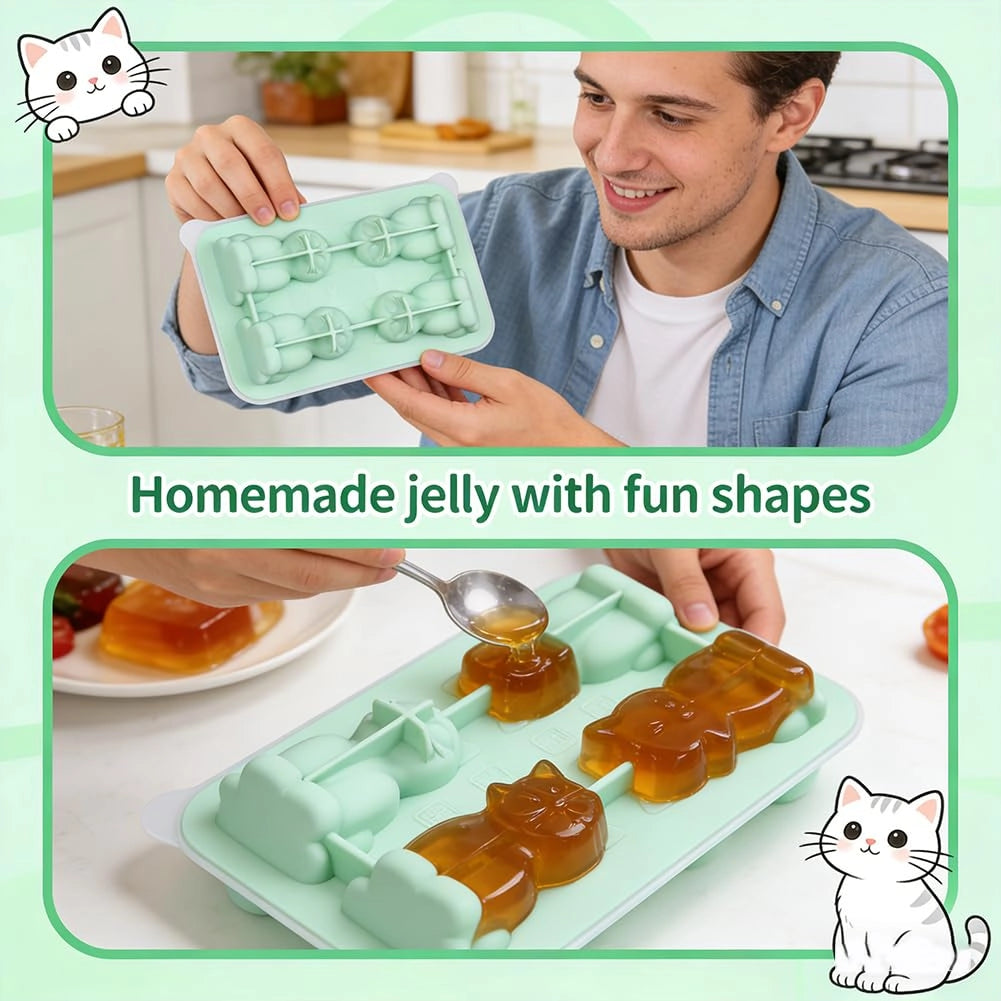 Stampo in silicone per cubetti di ghiaccio a forma di gatto, confezione da 2 pezzi, colore verde, design 3D