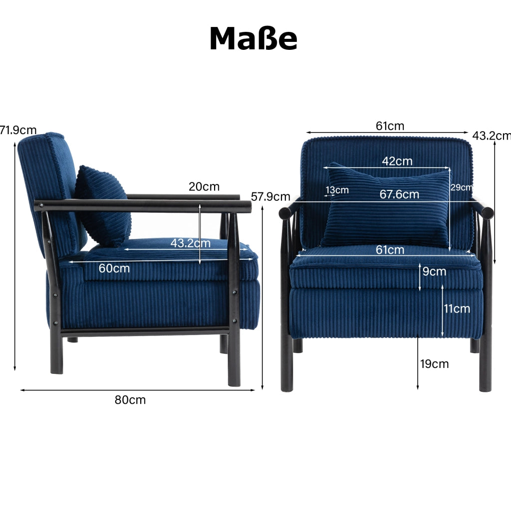 Poltrona da lettura 80x61x71,9 cm in velluto blu con cuscino lombare